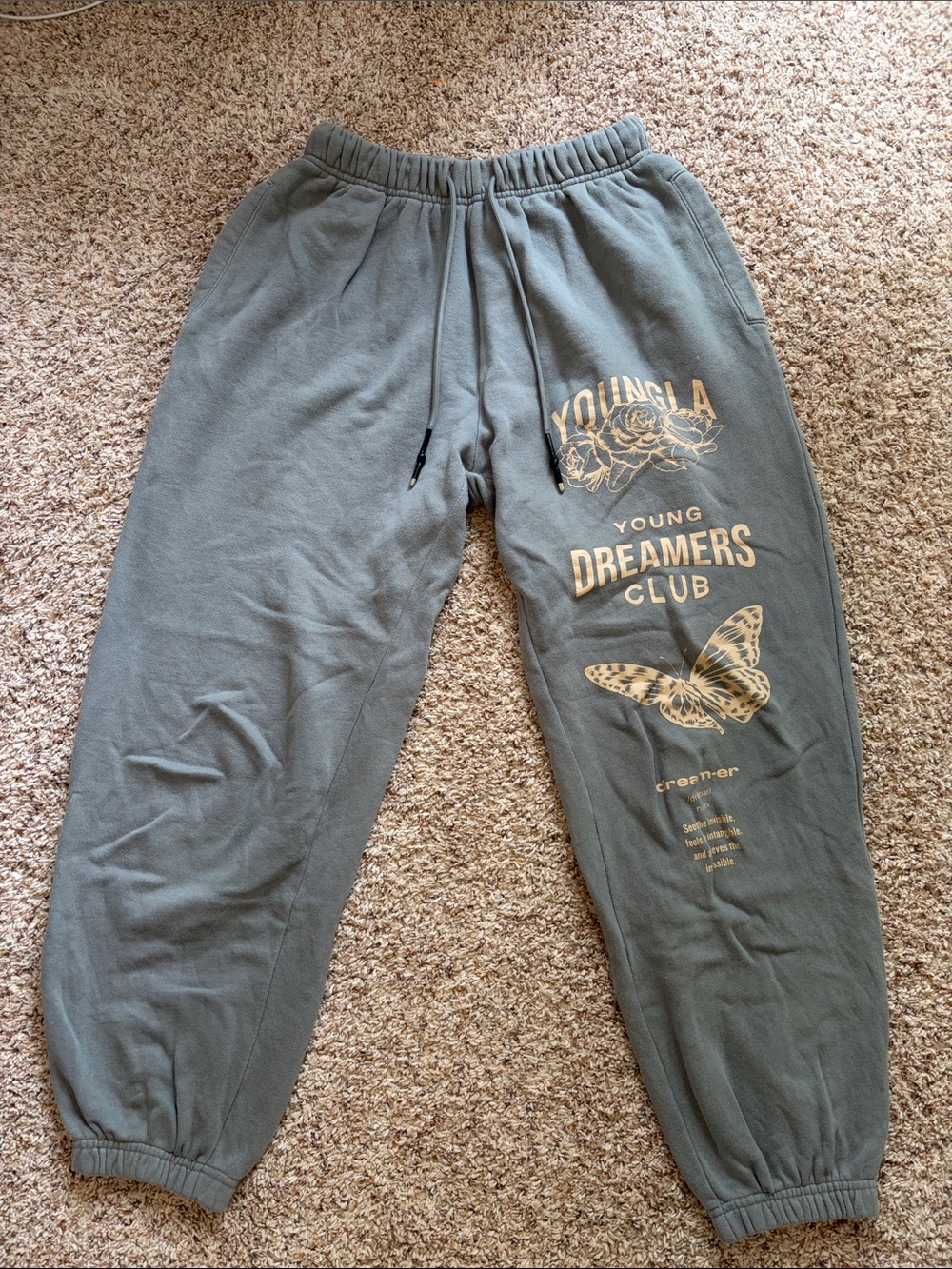 YoungLA Olive Green Kids Graphic Sweatpants with Cream Print